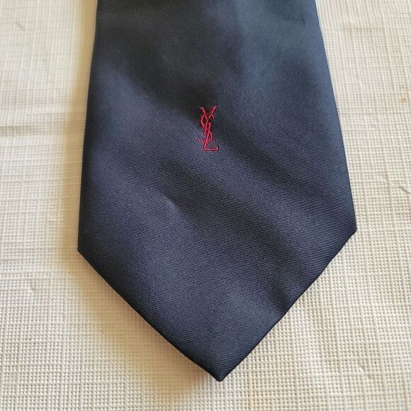 Yves Saint Laurent Vintage Blue Solid Neck Tie With YSL Red Embroidered Logo